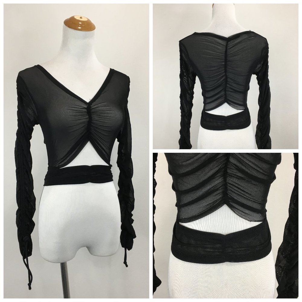 FASHION NOVA Black Sheer Stretch Mesh Cut Out Adj Sleeve Drawstring Crop Top